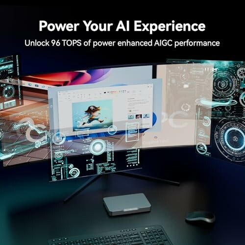 High-tech setup with screens displaying AI graphics and text about AI performance.