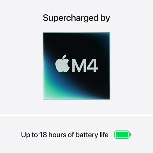 Apple M4 chip with up to 18 hours of battery life, showcasing the laptop's performance capabilities.