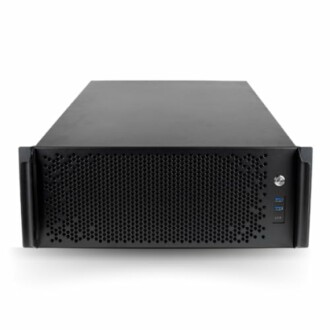 Front view of a black server rack with ports and perforated design.