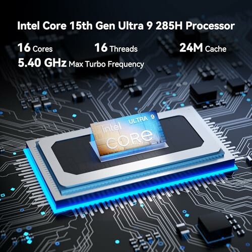 Intel Core 15th Gen Ultra 9 processor on a circuit board displaying specs.