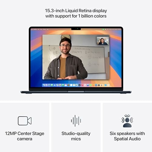 Laptop with 15.3-inch Liquid Retina display, video call, and features overview, showcasing the laptop's display capabilities.