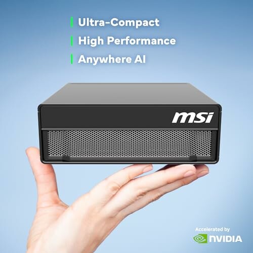 Hand holding a compact MSI mini PC with NVIDIA AI logo.