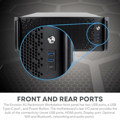 Rackmount workstation front panel with USB and power button, rear I/O panel.