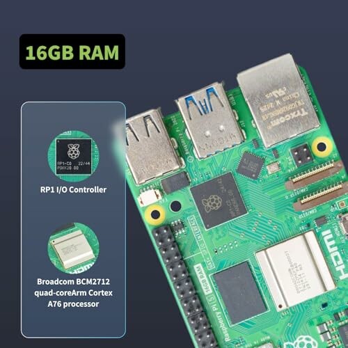 Raspberry Pi board with 16GB RAM, featuring RP1 I/O Controller and Broadcom BCM2712 processor.