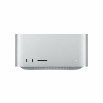 Front view of a silver computer device with ventilation.